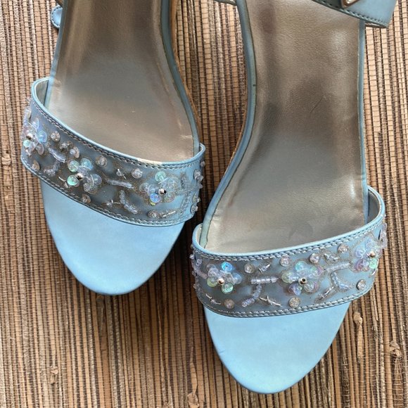 Fioni Baby Blue Satin Shoes with Embellishments & Cork-Wedge Sandals - Size 11W - Picture 2 of 10